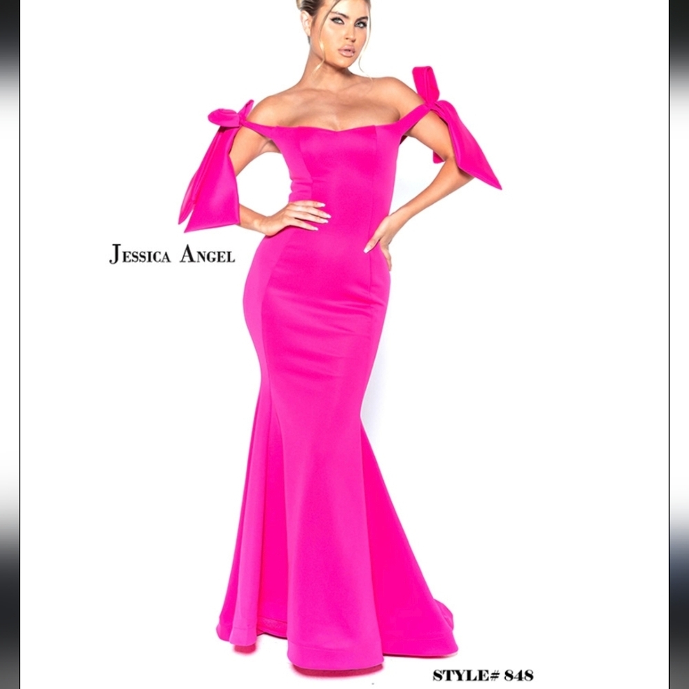 Jessica Angel Fushsia Pink Evening Gown Prom M Stretch Bodycon Bow Train